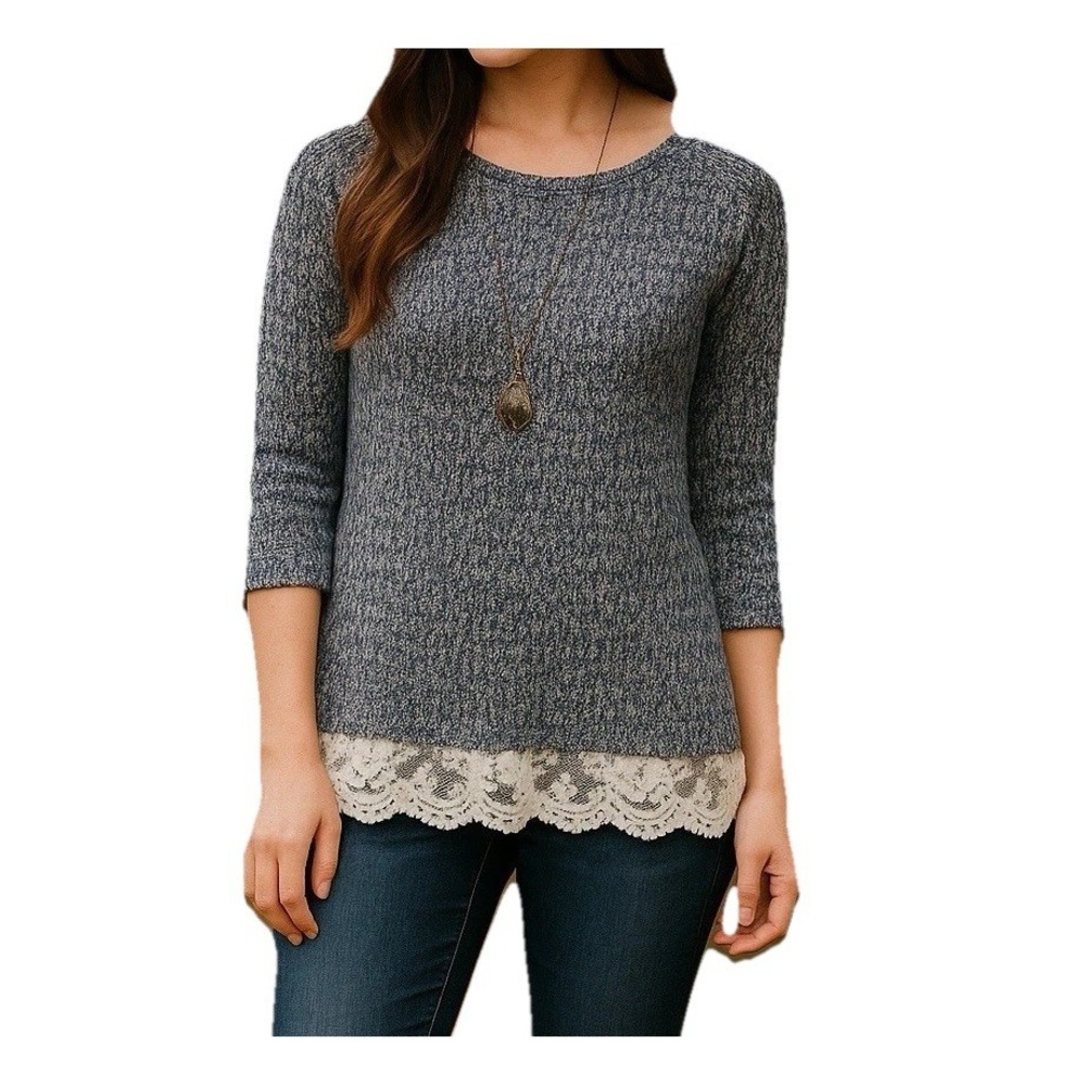 Maison Jules Womens Sweater‎ Top Knit Light Gray Ruffle Lace Small